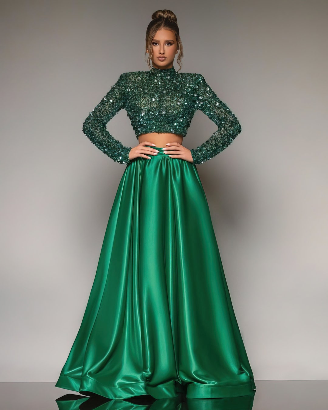 Green Evening Set Dress, Green Prom Set Dress, Green Embellished Set