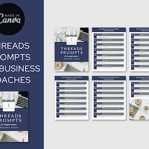 Może przedstawiać: Niebieski i biały przewodnik po marketingu cyfrowym z tekstem "Threads Prompts for Thought Leaders" i "Business Coach". Przewodnik zawiera listę podpowiedzi do postów w mediach społecznościowych.