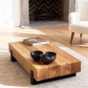 Mesa de centro con viga de roble macizo – Mesa de salón industrial de roble y acero – Mesa auxiliar / Mesa de centro tipo loft – Muebles hechos a mano