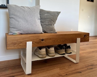 Oak beam bench with shoe rack – Solid wood bench made of oak & steel – Hallway bench / Wardrobe bench – Industrial Bench Handmade