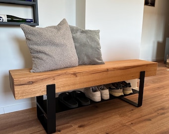 Banco de vigas de roble con zapatero – Banco de madera maciza de roble y acero – Banco de recibidor / Banco de armario – Banco industrial hecho a mano