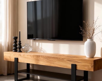 Mueble bajo para TV con vigas de roble macizo – Mueble de TV moderno de roble y acero – Mueble de TV industrial / mueble multimedia – Muebles de loft hechos a mano