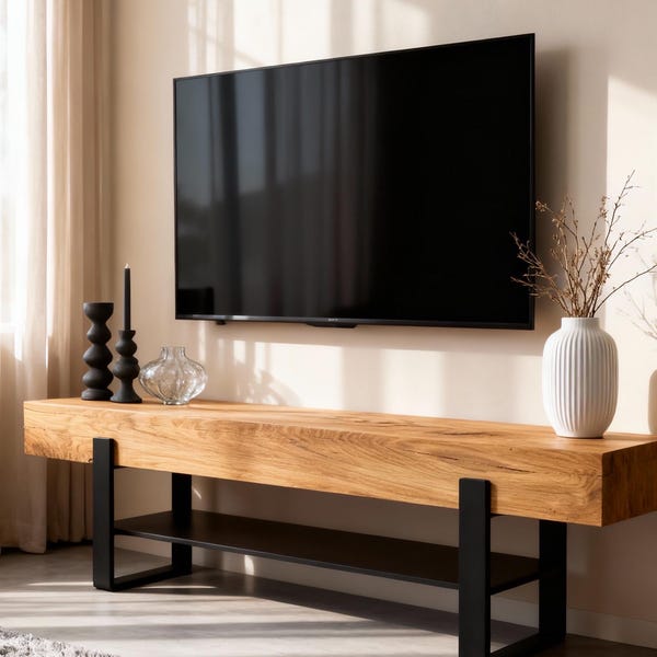 TV-kast van massief eikenhout – moderne tv-kast van eikenhout en staal – industriële tv-bank / mediaplank – handgemaakte loftmeubels