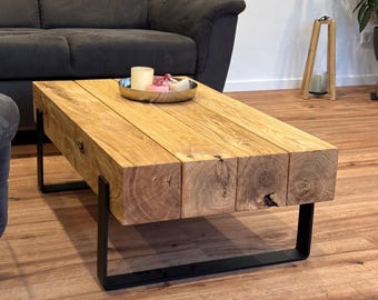 Solid oak beam coffee table – Industrial living room table made of oak & steel – Side table / Loft coffee table – Handmade Furniture