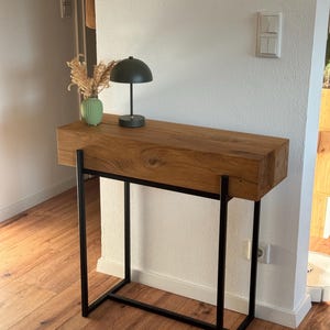 Mesa consola, mesa auxiliar, mesa consola, roble, vigas de roble, acero, industrial, loft, aparador bajo, aparador, madera reciclada