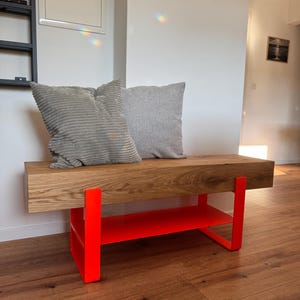 Panca con travi in rovere e scarpiera – Panca in legno massello di rovere e acciaio – Panca da ingresso / Panca guardaroba – Panca industriale fatta a mano