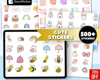 Op de afbeelding: Een digitale illustratie van meer dan 500 schattige stickers voor GoodNotes. De stickers zijn voorgeknipt en in PNG-formaat. De stickers omvatten een verscheidenheid aan ontwerpen, zoals dieren, regenbogen, harten en meer.
