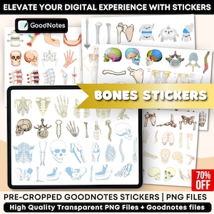 May include: A digital illustration of a set of bones stickers for GoodNotes. The stickers are pre-cropped and include a variety of bones, including skulls, ribs, spines, and hands. The stickers are high quality and transparent PNG files. The text "BONES STICKERS" is displayed in a gold banner at the top of the image. The text "70% OFF" is displayed in a red banner at the bottom of the image.