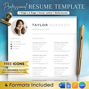 May include: A professional resume template with a blue and white background. The template includes a contact section, references section, and a section for free icons. The text "4 Formats Included" is at the bottom of the template.