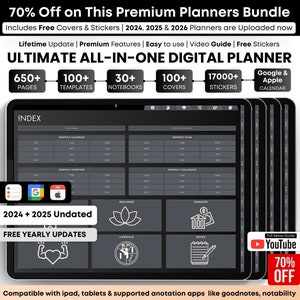 以下が含まれることがあります： 暗いグレーの背景に、カレンダー、月間プラン、チャレンジ、ウェルネス、ファイナンス、ライフスタイル、ノートなど、さまざまなセクションが配置されたデジタルプランナー。プランナーには、650ページ以上、100以上のテンプレート、30以上のノートブック、100以上のカバー、17,000以上のステッカーが含まれています。画面には「2024 + 2025 Undated」と「FREE YEARLY UPDATES」のテキストが表示されています。プランナーは、iPad、タブレット、GoodnotesやNotabilityなどの対応する注釈アプリと互換性があります。