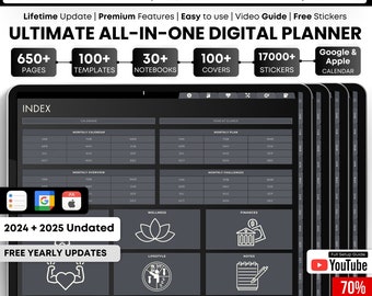 All-in-One Digital Planner 2024, 2025, 2026, Dark Mode  Undated Digital Planner, Digital Journal, Digital Goodnotes Template, Notability