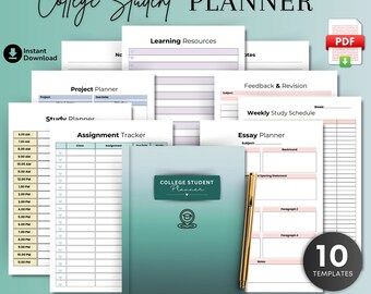 May include: A set of 10 printable college student planner templates in A4 and US letter sizes. The templates include a study planner, assignment tracker, project planner, weekly study schedule, essay planner, learning resources, feedback and revision, and notes pages. The templates are designed in a teal and pink colour scheme with a heart and graduation cap icon.