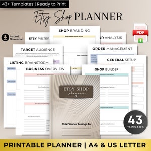 Puede incluir: Un planificador de tienda Etsy imprimible con 43 plantillas. El planificador está diseñado para ayudar a los vendedores de Etsy a organizar su negocio, incluyendo la marca de la tienda, el público objetivo, la lluvia de ideas para la lista, la descripción general del negocio, la gestión de pedidos, la configuración general y el generador de tiendas. El planificador está disponible en tamaños A4 y US Letter.