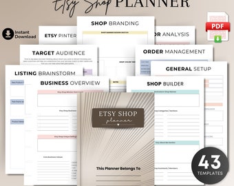 May include: A printable Etsy shop planner with 43 templates. The planner is designed to help Etsy sellers organize their business, including shop branding, target audience, listing brainstorm, business overview, order management, general setup, and shop builder. The planner is available in A4 and US Letter sizes.