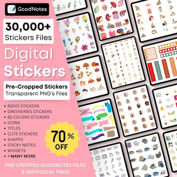 30000+ Daily Digital Sticker Book for Goodnotes, PNG Files of Digital Stickers, Sticky Notes, Digital Icon Stickers, Digital Planner Sticker