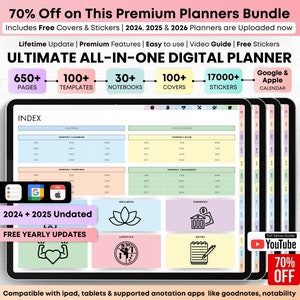 Può includere: Un planner digitale con un design pastello colorato. Il planner include oltre 650 pagine, oltre 100 modelli, oltre 30 quaderni, oltre 100 copertine, oltre 17.000 adesivi e un calendario Google & Apple. Il planner è compatibile con iPad, tablet e app di annotazione supportate come Goodnotes e Notability. Il testo "2024 + 2025 Undated" e "FREE YEARLY UPDATES" è visualizzato sul planner.