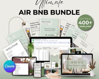 May include: A digital product bundle for AirBnB hosts, featuring over 400 editable templates. The bundle includes welcome books, signs, social media posts, and stories. The image shows a variety of templates with green and white color schemes.