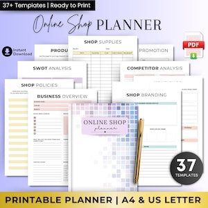 Könnte beinhalten: Ein druckbarer Online-Shop-Planer mit 37 Vorlagen. Der Planer enthält Abschnitte für SWOT-Analyse, Shop-Richtlinien, Geschäftsüberblick, Shop-Zubehör, Promotion, Wettbewerbsanalyse und Shop-Branding. Der Planer ist in einem hellrosa und blauen Farbschema mit einem pixeligen Hintergrund gestaltet.