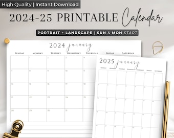 Calendario imprimible 2024, Calendario para niños editable, Calendario mensual en blanco, Páginas horizontales verticales, Inicio de domingo y lunes 2024