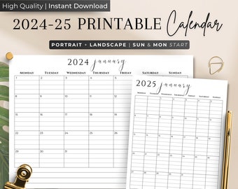 Calendario 2024 Planificador Mensual 2024 Paisaje Calendario Mensual Elegante Domingo & Lunes Inicio 2024 Calendario de Pared Tamaño Carta A4 PDF IMPRIMIBLE
