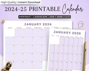 2024 Calendar 2024 Monthly Planner Landscape Elegant Monthly Calendar Sunday & Monday Start 2024 A4 Letter Size Wall Calendar PRINTABLE PDF