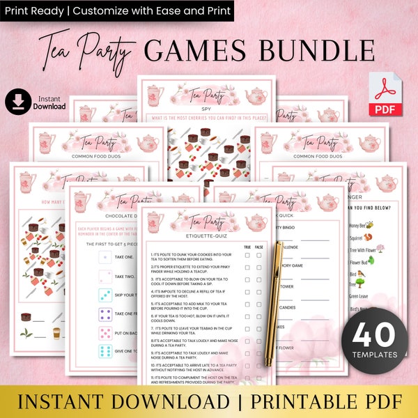 Tea Party Games, 40 Printable Tea Games Bundle, Tea Party Activity, Tea Party Games Adults Kids Toddler, Ladies Tea Party Games