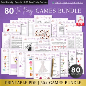Könnte beinhalten: Ein druckbares PDF-Paket mit 80 Tee-Party-Spielen. Die Spiele sind in einem lila und weißen Farbschema gestaltet und zeigen Teekannen, Teetassen und andere Tee-motivierte Illustrationen. Das Paket enthält Spiele wie "Tee-Party-Knigge-Quiz", "Tee-Party-Gedächtnisspiel", "Tee-Party-Kleid-Design" und "Tee-Party-Wer ist das?" Der Text "80 Vorlagen" wird in der unteren rechten Ecke des Bildes angezeigt.