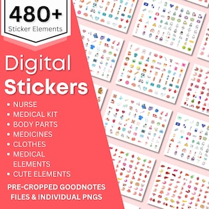 Pakiet 400+ medycznych i szpitalnych cyfrowych naklejek, Planer pielęgniarki GoodNotes, Śledzenie tabletek w opiece zdrowotnej, Notatki studenta pielęgniarki, Naklejki lekarza, PNG