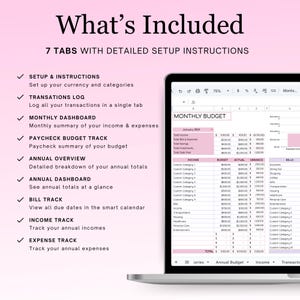 May include: A screenshot of a computer screen displaying a spreadsheet with a monthly budget template. The spreadsheet features tabs for setup and instructions, transactions log, monthly dashboard, paycheck budget tracker, annual overview, annual dashboard, bill tracker, income tracker, and expense tracker. The spreadsheet is labelled "Monthly Budget" and includes columns for income, budget, actual, and variance. The spreadsheet also includes a section for bills with categories such as groceries, dining out, shopping, gifts, utilities, transport, healthcare, personal care, entertainment, and custom categories.