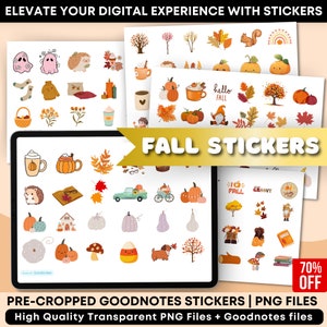 May include: A digital sticker pack featuring autumn-themed illustrations. The stickers include pumpkins, leaves, a squirrel, a ghost, a coffee cup, a house, a car, a gnome, and more. The text "Fall Stickers" is displayed in a gold banner.