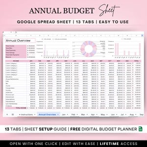 Annual Budget Spreadsheet for Google Sheets, Budget Planner, Budget Template, Yearly Budget Template, Budget Tracker, Personal Budget