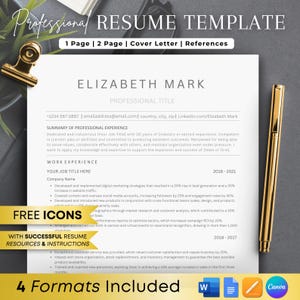 May include: A professional resume template with a gray background and gold accents. The template includes a section for professional title, summary of professional experience, work experience, and free icons. The text "4 Formats Included" is at the bottom of the page.