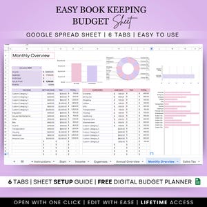 May include: A Google spreadsheet template for budgeting, with six tabs, including a monthly overview, income, expenses, annual overview, and sales tax. The spreadsheet is designed to be easy to use and includes a visual representation of income and expenses.