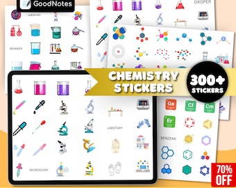 以下が含まれることがあります： GoodNotes 用の化学をテーマにした 300 個以上のステッカーのデジタルダウンロード。ステッカーには、実験器具、分子、化学式などのカラフルなイラストが描かれています。テキスト「Chemistry Stickers」と「300+ Stickers」は、金色のバナーに表示されています。