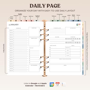 May include: A daily planner page with a gold ring binder. The page is divided into sections for scheduling, intentions, gratitude, affirmations, self-care, hydration, mood, meals, and notes. The page also includes a to-do list, habit tracker, and end-of-day reflection section. The page is dated "3 JANUARY".