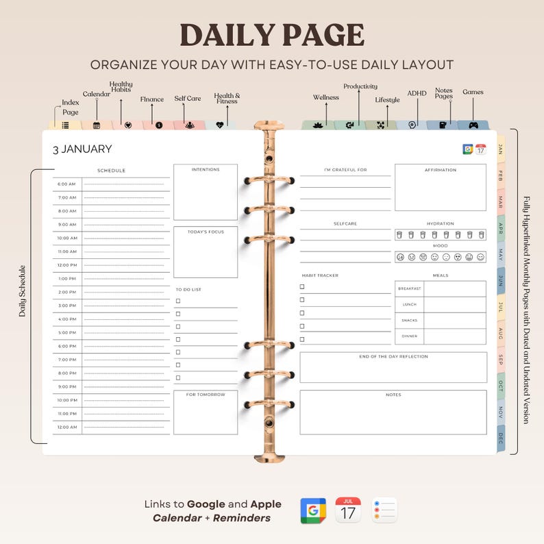 May include: A daily planner page with a gold ring binder. The page is divided into sections for scheduling, intentions, gratitude, affirmations, self-care, hydration, mood, meals, and notes. The page also includes a to-do list, habit tracker, and end-of-day reflection section. The page is dated "3 JANUARY".