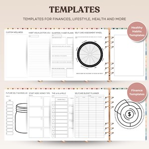 May include: A set of printable planner templates for finances, lifestyle, health, and more. The templates include a self-care assessment wheel, a habit visualization journal, a quarterly habit planner, a future self-savings jar, a start here money tips page, a 10 & 10 rule page, a self-care budget planner, and a finance template.