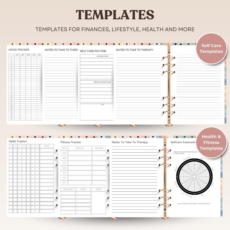 May include: A set of printable planner templates for tracking mood, habits, fitness, and self-care. The templates include sections for notes to take to therapy, self-care routines, and fitness assessments.