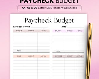 May include: A printable budget planner with sections for income, savings, bills, and expenses. The planner has columns for budget and actual amounts. The title of the planner is "Paycheck Budget".