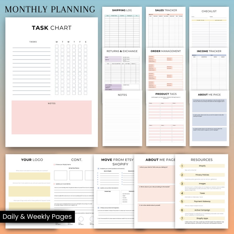 May include: A collection of printable planner pages with headings like "Monthly Planning," "Task Chart," "Shipping Log," and "About Me Page." The pages are in a minimalist style with a white background and pastel color accents.