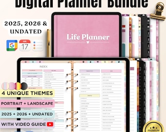 May include: Digital planner bundle with 4 unique themes, including portrait and landscape layouts. The bundle includes 500+ pages, 17,000+ stickers, and 100+ covers. The planner is undated and includes years 2025 and 2026. The planner features a pink and gold design with the text "Life Planner".