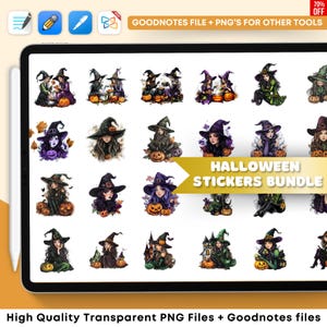 Può includere: Un set di 20 adesivi di Halloween con streghe con cappelli viola e neri, che tengono zucche e sono circondate da foglie autunnali. Gli adesivi sono progettati per l'uso con Goodnotes e altre app di note digitali.