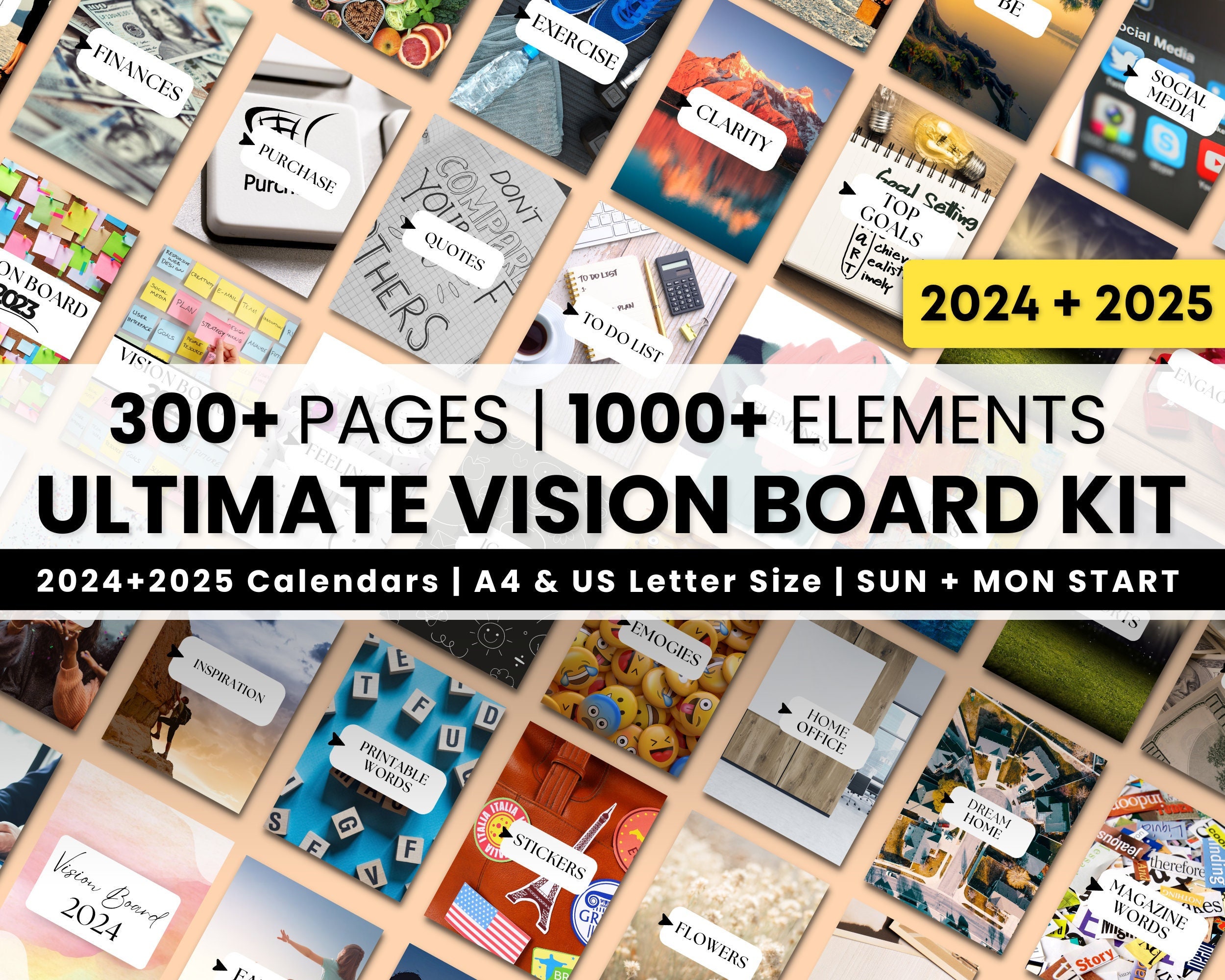 300+ Printable Vision Board Kit, 2024 2025 Vision Board Pdf, Journaling stickers, Motivational quotes, Women Inspirational Quotes, Goals
