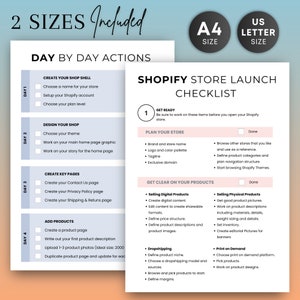 May include: A Shopify store launch checklist with the text "2 Sizes Included" and "Day by Day Actions." The checklist includes sections for creating a shop shell, designing a shop, creating key pages, and adding products. Includes A4 and US Letter sizes.
