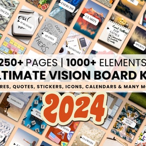250+ Printable Vision Board Kit, 2024 Vision Board Pdf, Journaling stickers, Motivational quotes, Women Inspirational Quotes, Goal Planner