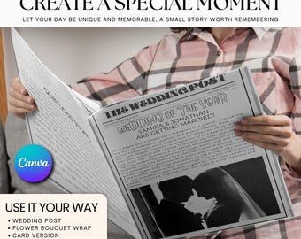 Plantilla de programa de periódico de bodas: Diseño editable en Canva (descarga digital)