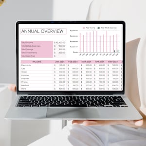 May include: A laptop screen displaying a pink and green bar chart with the title "Annual Overview". The chart shows income and expenses for each month of the year. Below the chart is a table with a list of expenses and their costs for each month.