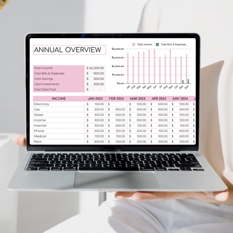 May include: A laptop screen displaying a pink and green bar chart with the title "Annual Overview". The chart shows income and expenses for each month of the year. Below the chart is a table with a list of expenses and their costs for each month.