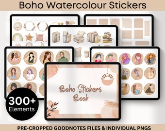 Könnte beinhalten: Ein digitaler Planer mit über 300 Boho-Style-Aquarell-Stickern. Die Sticker beinhalten Illustrationen von Frauen, Büchern, Regenbögen und anderen dekorativen Elementen. Der Planer ist mit "Boho Stickers Book" beschriftet.
