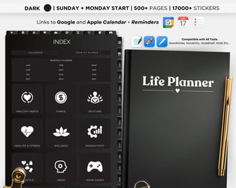 Dunkler Digitaler Planer, GoodNotes, iPad, 17000+ Aufkleber (PDF)